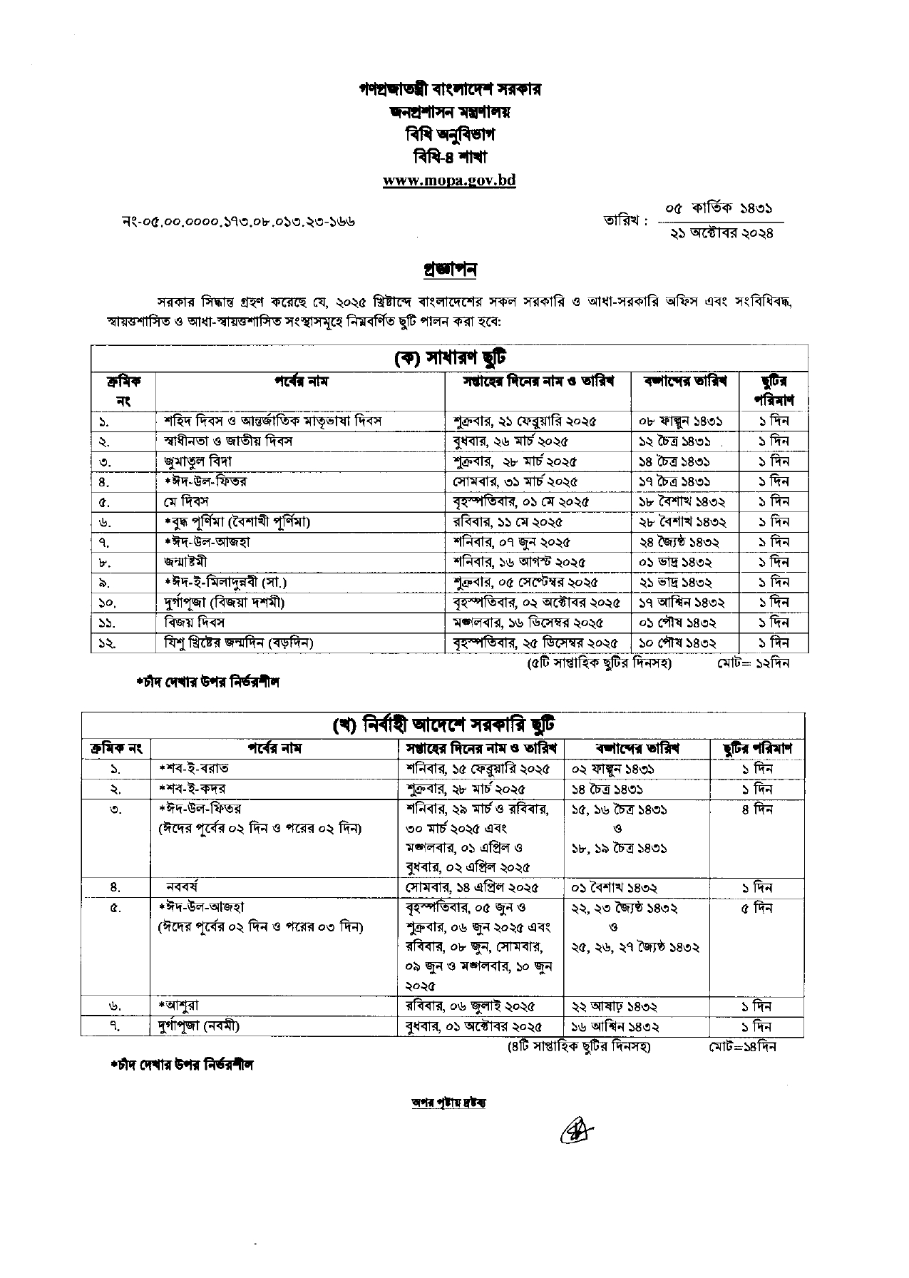 সরকারী ছুটির তালিকা ২০২৫